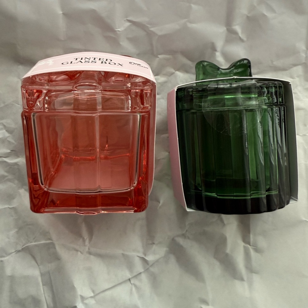 New Target glass box tinted pink green fluted bow rib lid container trinket mini